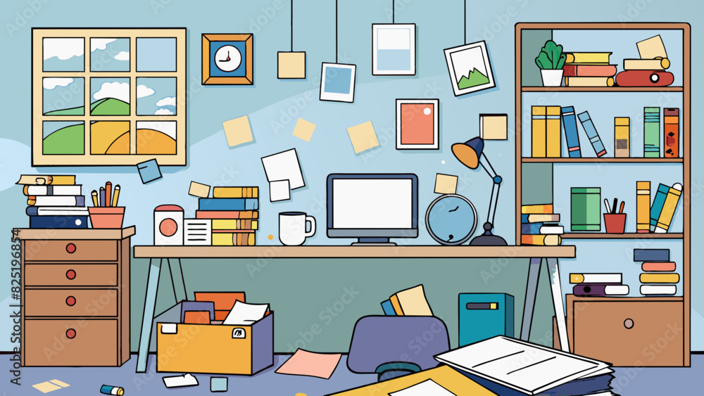 Poster a cluttered home office with bookshelves overflowing with books papers and trinkets. the desk is cov