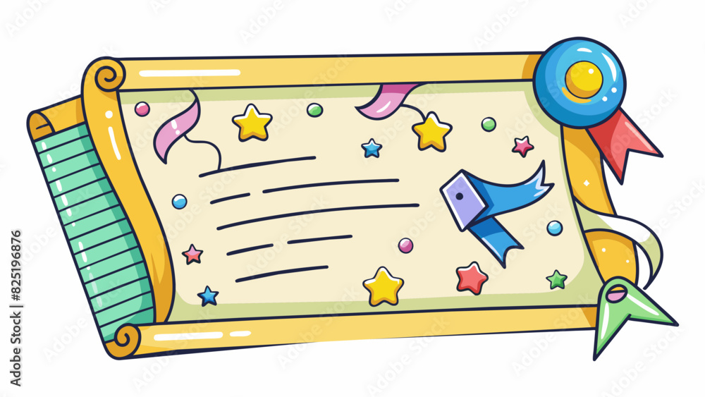 Poster A colorful certificate with a bold and eyecatching design featuring images of stars confetti and streamers. The certificate is printed on highquality. Cartoon Vector.