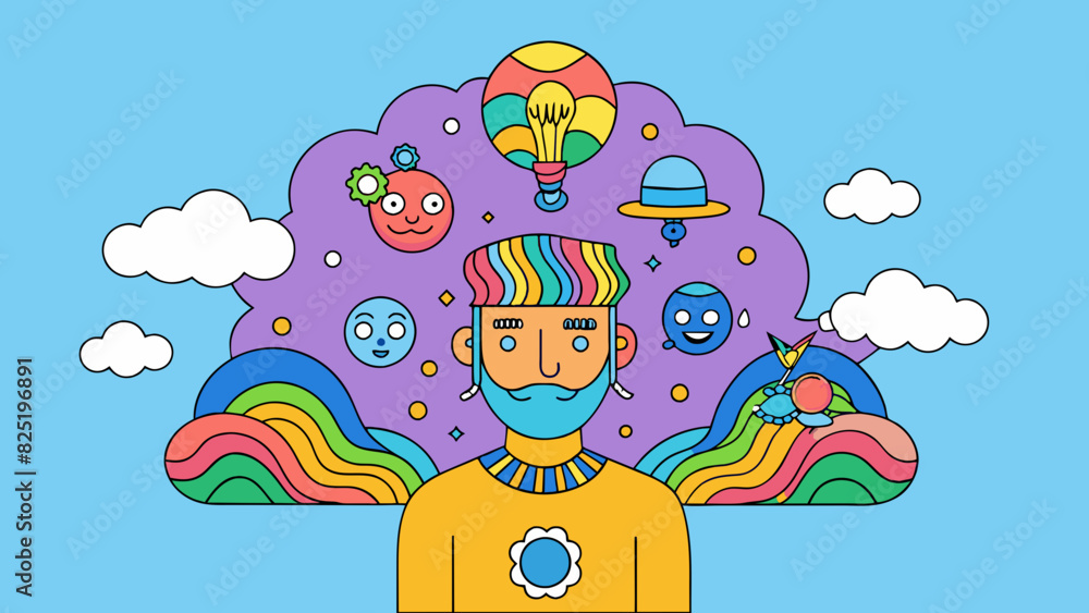 Poster A colorful handdrawn picture of a person with thought bubbles above their head representing their heightened state of awareness and mindfulness.. Cartoon Vector.
