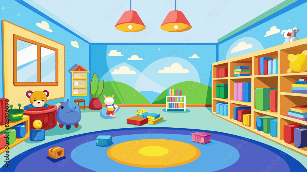 Poster a colorful childrens playroom with bright murals on the walls a soft carpet for playing and shelves 