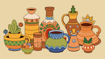 A collection of handmade pottery This collection showcases the skill and creativity of different potters. The pieces range from mugs and bowls to. Cartoon Vector.