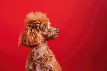 Fluffy Poodle with a stylish haircut on a red background