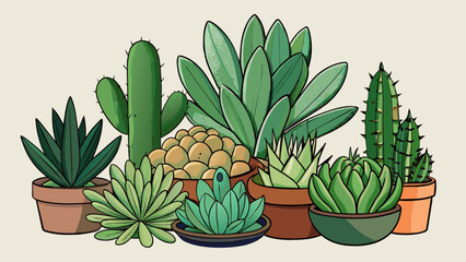 Fototapeta premium A collection of succulent plants This collection contains a variety of succulents from tiny cacti to large aloe plants. They all have thick y leaves. Cartoon Vector.