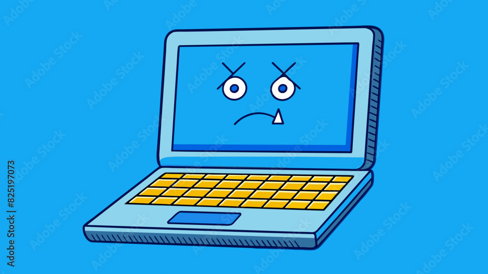 Fototapete A computer unexpectedly shuts down and displays a blue screen with error codes when turned back on. The computer is a laptop and has been used. Cartoon Vector.