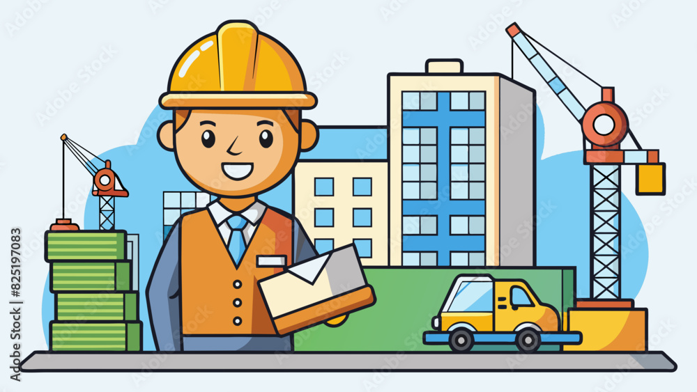 Poster A construction site manager oversees the building project liaising with contractors ensuring materials are delivered on time and solving any issues. Cartoon Vector.
