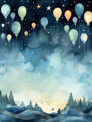 Watercolor painting of balloons floating in a starry night sky above a forest.