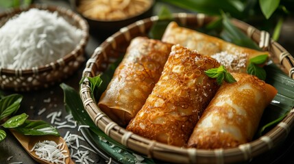 Thai crispy pancakes with assorted fillings placed neatly in a basket, alongside shredded coconut and cane sugar