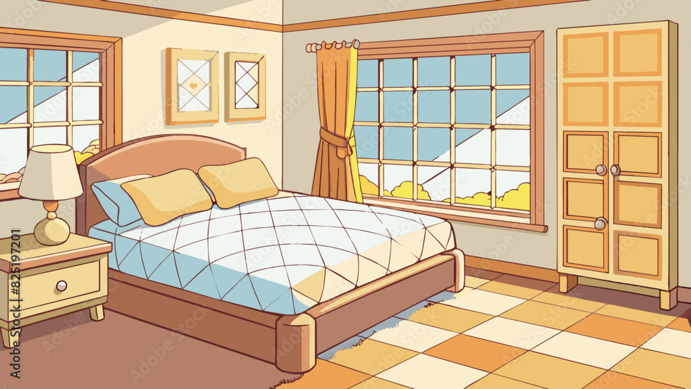 Poster a cozy bedroom with creamcolored walls and a large bay window letting in gentle sunlight. the bed is