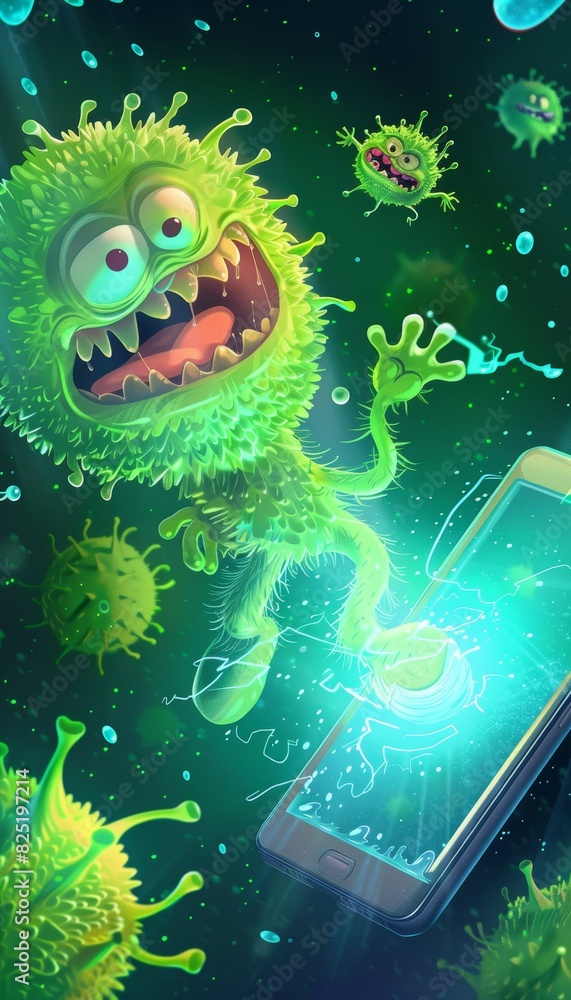 Poster playful mobile hygiene app animation zapping germs with virtual hygiene beam for fun and engaging de