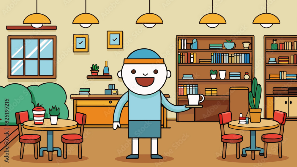 Poster a cozy coffee shop with warm lighting and wooden tables tered throughout. the walls are adorned with