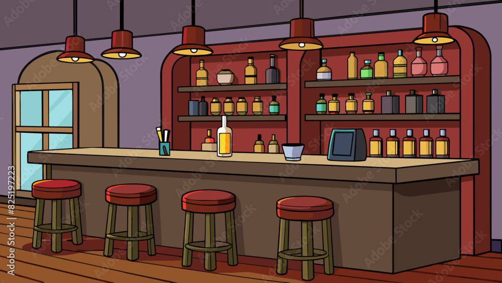 Poster a cozy establishment with dim lighting and a sleek polished counter. the walls are lined with shelve