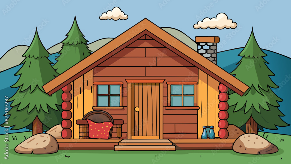 Poster a cozy and rustic cabin nestled in the woods made of warm wooden logs with a stone fireplace and sof