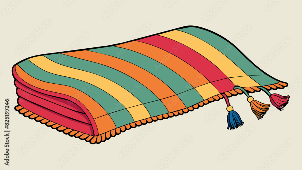 Poster A cozy knitted blanket with colorful stripes and tassels on each end. It is soft to the touch and provides the perfect amount of warmth on a chilly. Cartoon Vector.