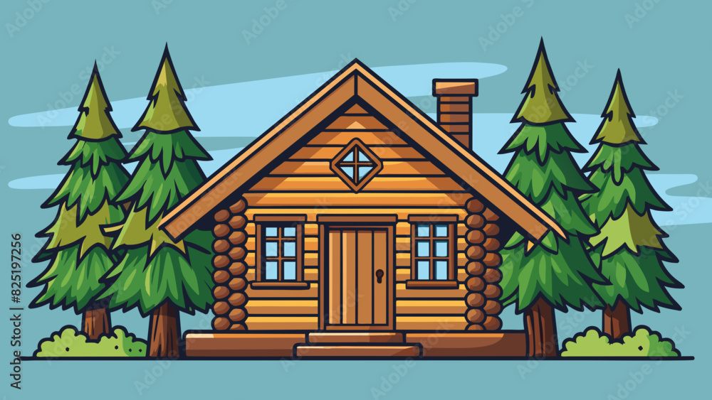 Poster a cozy log cabin sits nestled in the woods surrounded by tall pine trees. the exterior is made of da