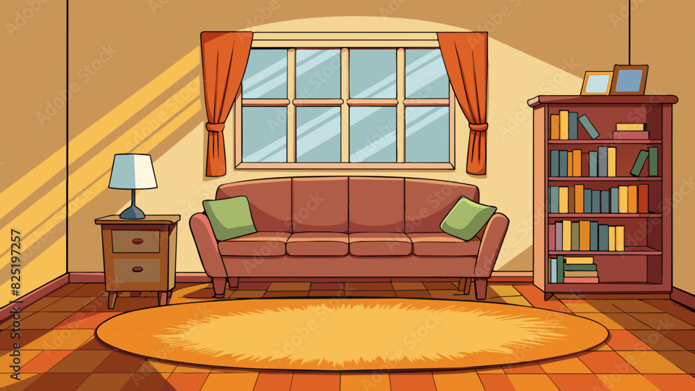 Poster A cozy living room with a plush couch and warm colored walls. Sunlight streams in through the window highlighting the intricate patterns of the rug on. Cartoon Vector.