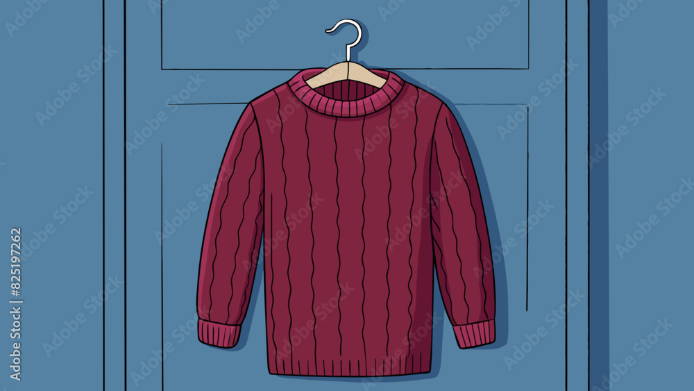 Poster a cozy knitted sweater hangs on a hook by the front door. it is made of a soft warm material and is 