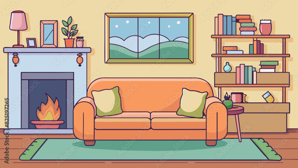 Poster a cozy living room a plush couch sits in front of a warm fireplace adorned with soft pillows and a f