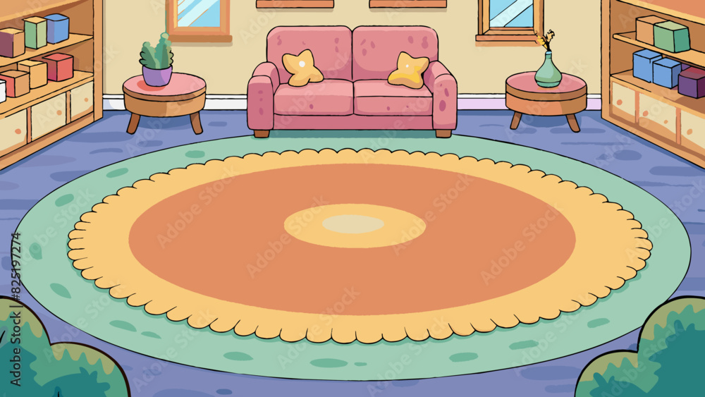 Poster a cozy living room is decorated with a plush circular rug in the centre inviting guests to gather ar