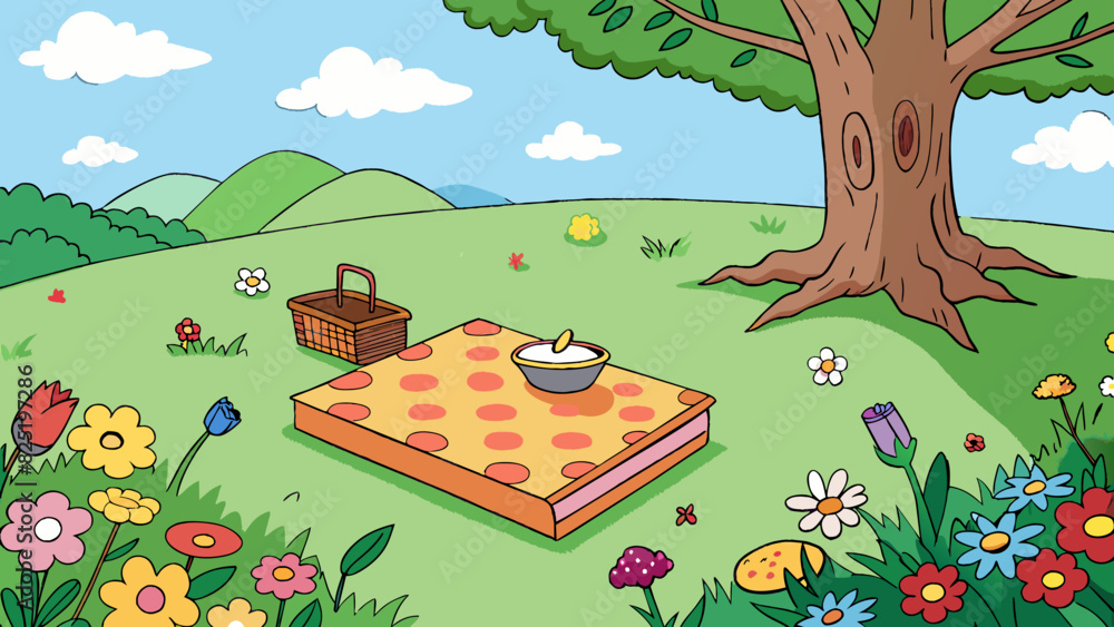 Poster a cozy picnic blanket spread out under a shady tree surrounded by a lush meadow of colorful wildflow