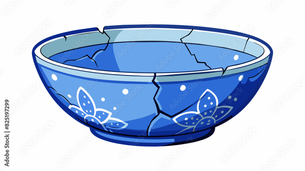 Poster a cracked and chipped ceramic bowl no larger than a cereal bowl. its glaze is a deep blue color and 