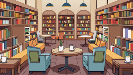 A cozy bookstore cafe featuring floortoceiling bookshelves filled with an eclectic mix of new and used books. The smell of freshly brewed coffee. Cartoon Vector.