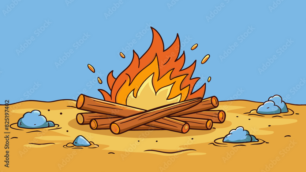 Poster a crackling campfire on a beach surrounded by smooth pebbled sand and driftwood. the flames dance an