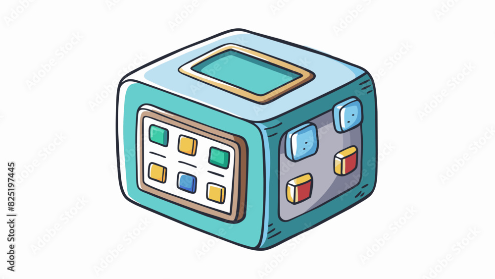 Fototapete A cubeshaped object with a soft exterior and various small buttons on the surface. It has a screen that displays different images and is used for. Cartoon Vector.