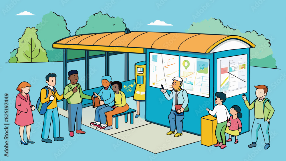 Poster A crowded bus stop with a covered shelter route maps and people of various ages waiting for transportation.. Cartoon Vector.