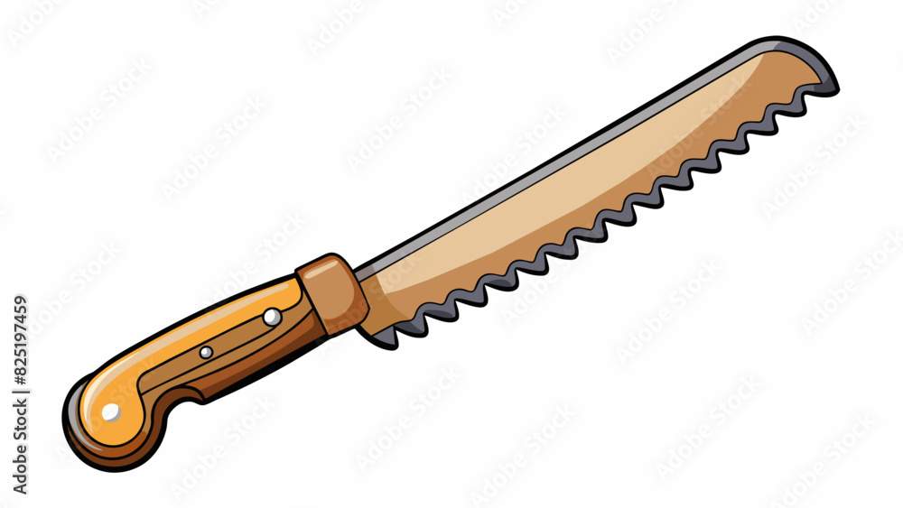 Poster A curved tool with sharp serrated edges and a wooden handle. It is used for ting and slicing through various types of food.. Cartoon Vector.