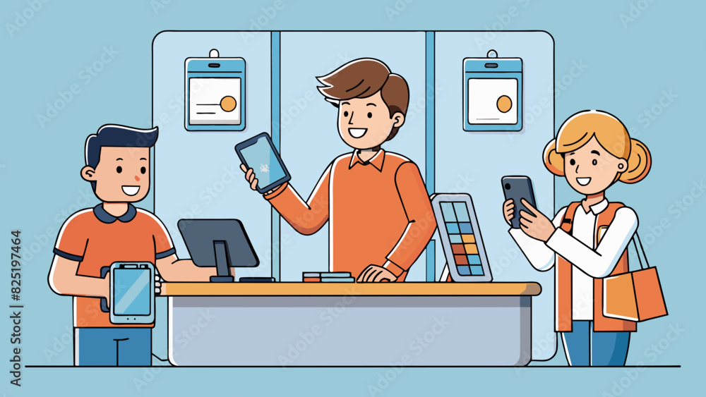 Poster A customer purchases a new phone and is directed to a customer service desk where an employee assists with setting up the phone and transferring data. Cartoon Vector.