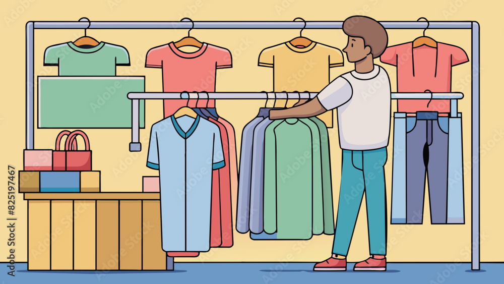 Poster a customer is browsing through racks of clothing in a clothing store. the options range from casual 