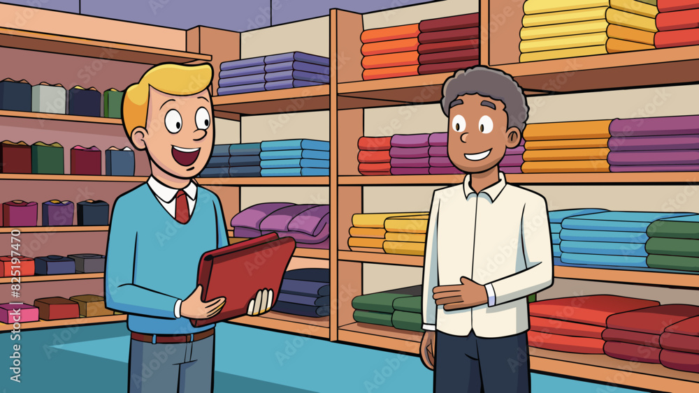 Leinwandbilder a customer and store employee examine various fabrics in a fabric store. the employee explains the d