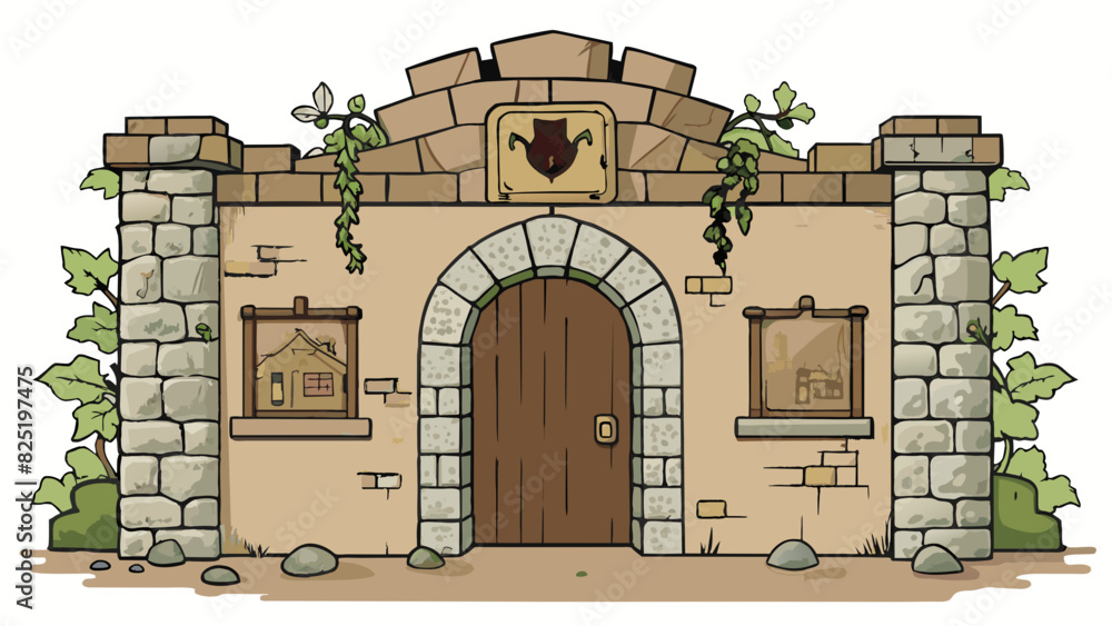 Poster A crumbling stone building with vines creeping up its walls and a faded sign above the entrance could represent a structure that has stood the test of. Cartoon Vector.
