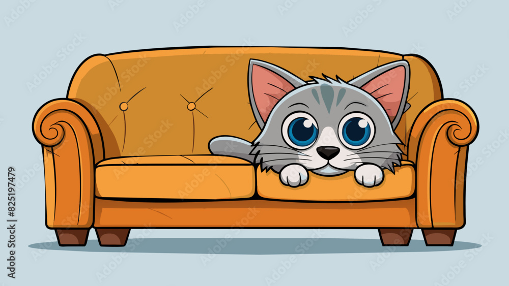 Poster A curious kitten is peeking its head out from underneath a large couch its eyes focused and tail twitching as it seeks out the source of a mysterious. Cartoon Vector.