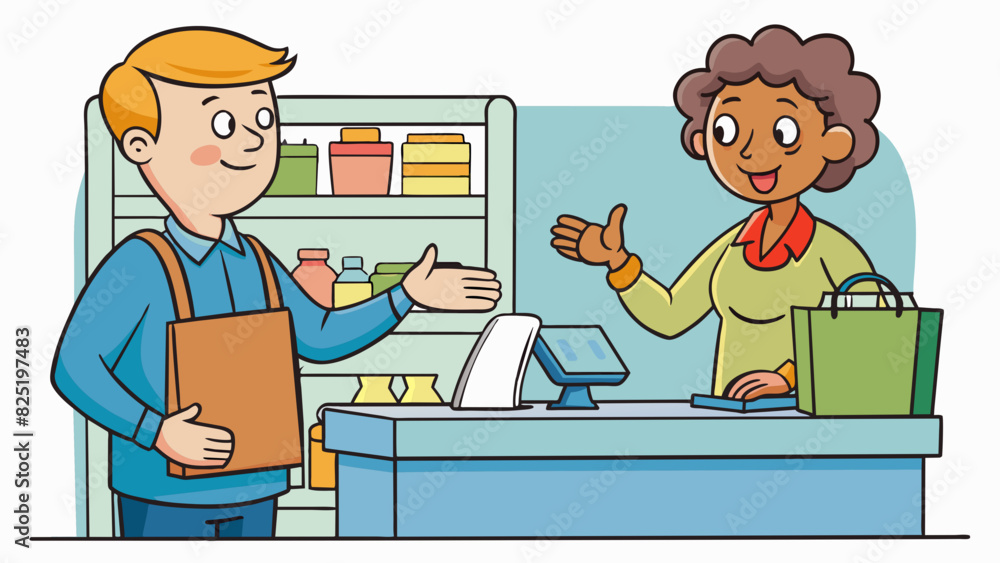 Poster A customer approaches the counter at a grocery store leaning in and speaking softly to the cashier as they ask for directions to a specific item.. Cartoon Vector.