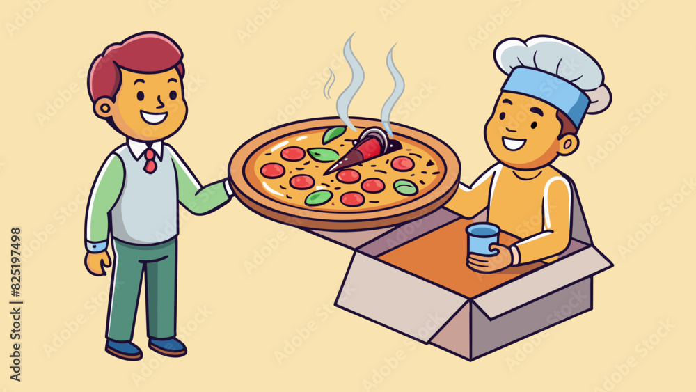 Aufkleber A customer receives a steaming hot pizza from the delivery person. The pizza is round with a golden crust melted cheese and colorful toppings.. Cartoon Vector.