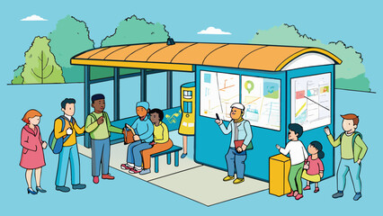 A crowded bus stop with a covered shelter route maps and people of various ages waiting for transportation.. Cartoon Vector.