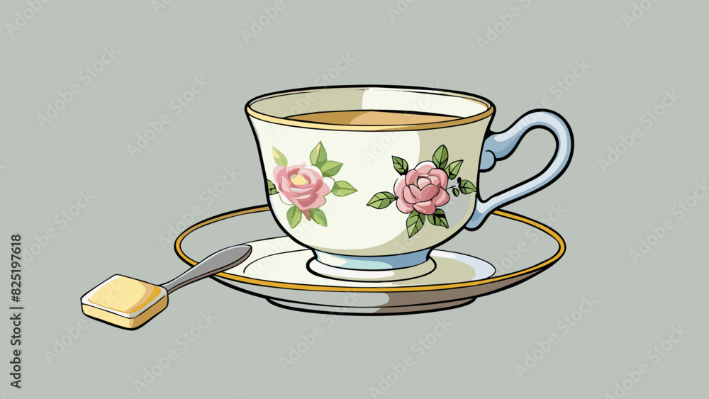 Poster a delicate porcelain teacup with a floral pattern and a gold rim sits on a saucer next to a small me