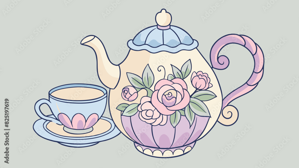 Poster A delicate floral pattern with soft flowing lines and pastel hues adorning a vintageinspired tea set adding a touch of elegance and charm.. Cartoon Vector.