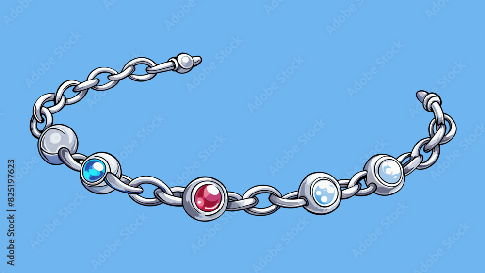 Poster A delicate silver bracelet adorned with tiny gemstones and intricately twisted links catching the light and sparkling with every movement.. Cartoon Vector.