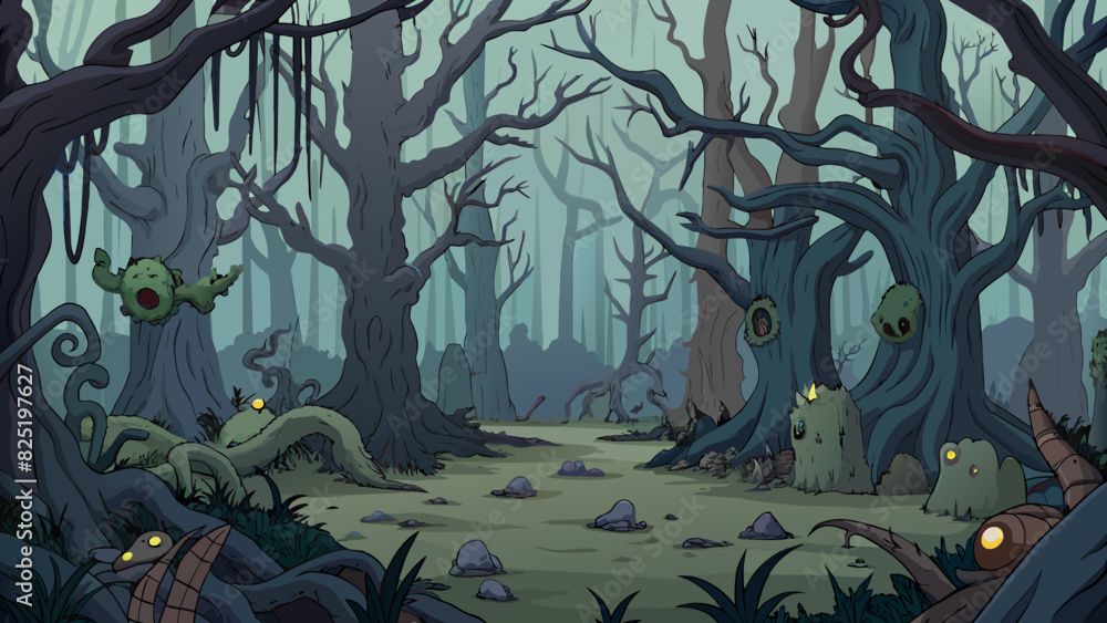 Wall mural A dark and eerie forest with gnarled trees and tangled vines. The ground is covered in moss and fallen leaves and the occasional rustle can be heard. Cartoon Vector.