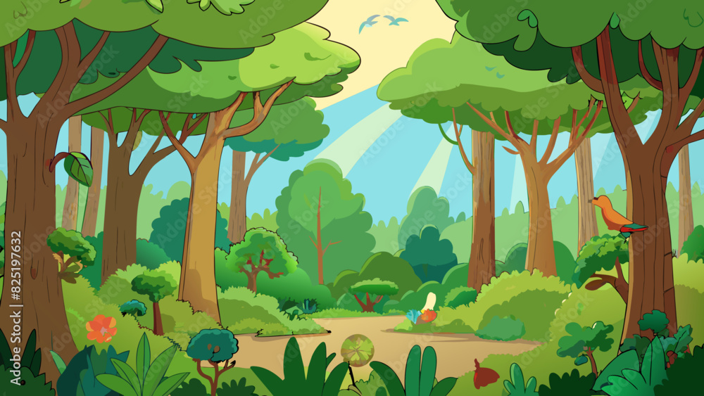 Poster a dense lush forest alive with the sounds of chirping birds and rustling leaves. trees of all shapes