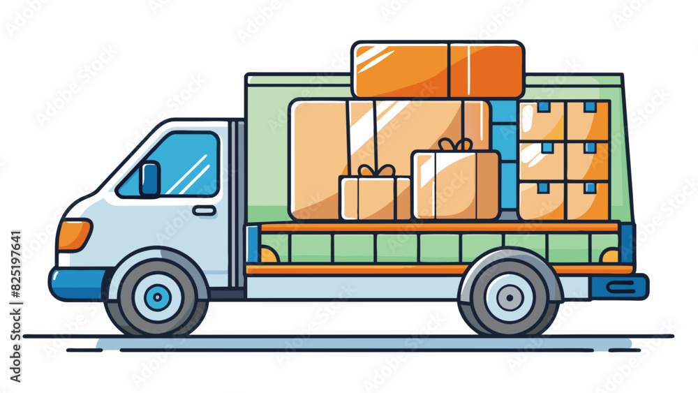 Poster a delivery truck loaded with various sizes of cardboard boxes labeled with different product names. 