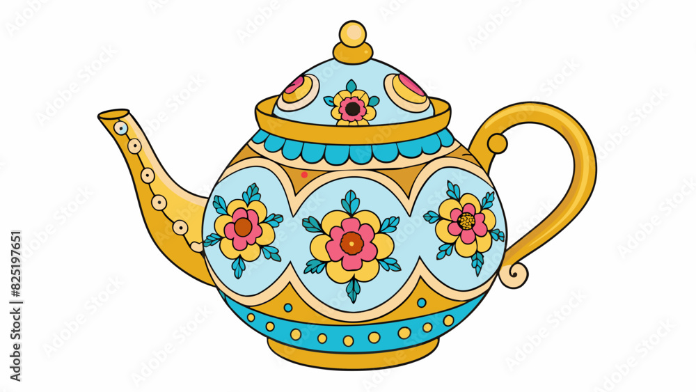 Poster a delicate porcelain teapot adorned with vibrant floral patterns and golden accents.. cartoon vector