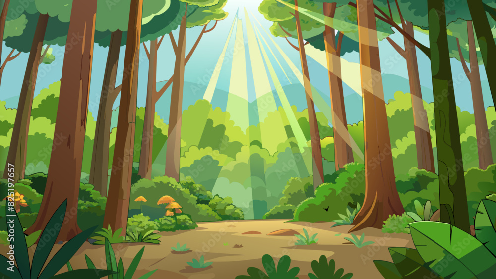 Poster a dense forest filled with towering trees and a vibrant undergrowth. rays of sunlight filter through
