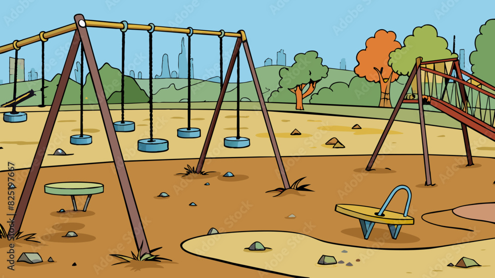 Poster A deserted playground with broken swings and rusted slides the absence of laughter and playful chatter making it seem eerie and desolate. The lack of. Cartoon Vector.