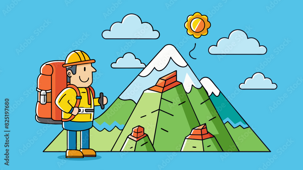 Poster A determined hiker is gazing up at a towering mountain their backpack filled with supplies as they seek to conquer the challenging summit.. Cartoon Vector.