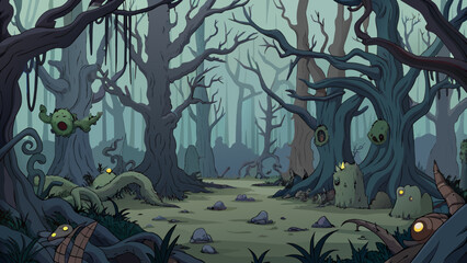 A dark and eerie forest with gnarled trees and tangled vines. The ground is covered in moss and fallen leaves and the occasional rustle can be heard. Cartoon Vector.