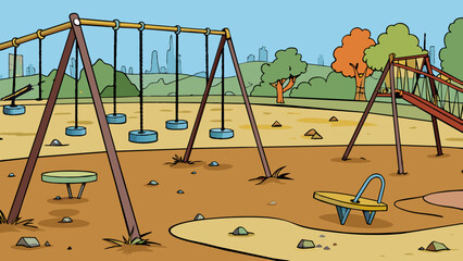 Fototapeta premium A deserted playground with broken swings and rusted slides the absence of laughter and playful chatter making it seem eerie and desolate. The lack of. Cartoon Vector.