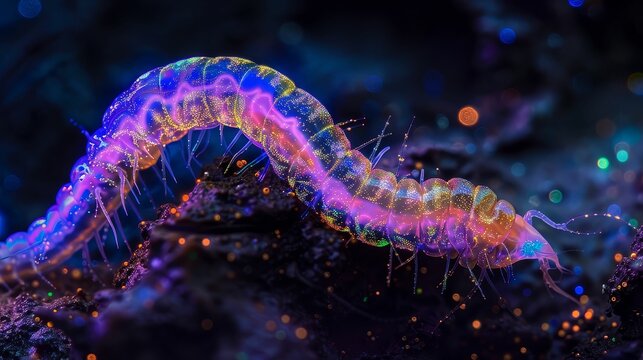 Stunning close-up of a nematode worm wriggling through soil particles, illuminated by various fluorescence stains